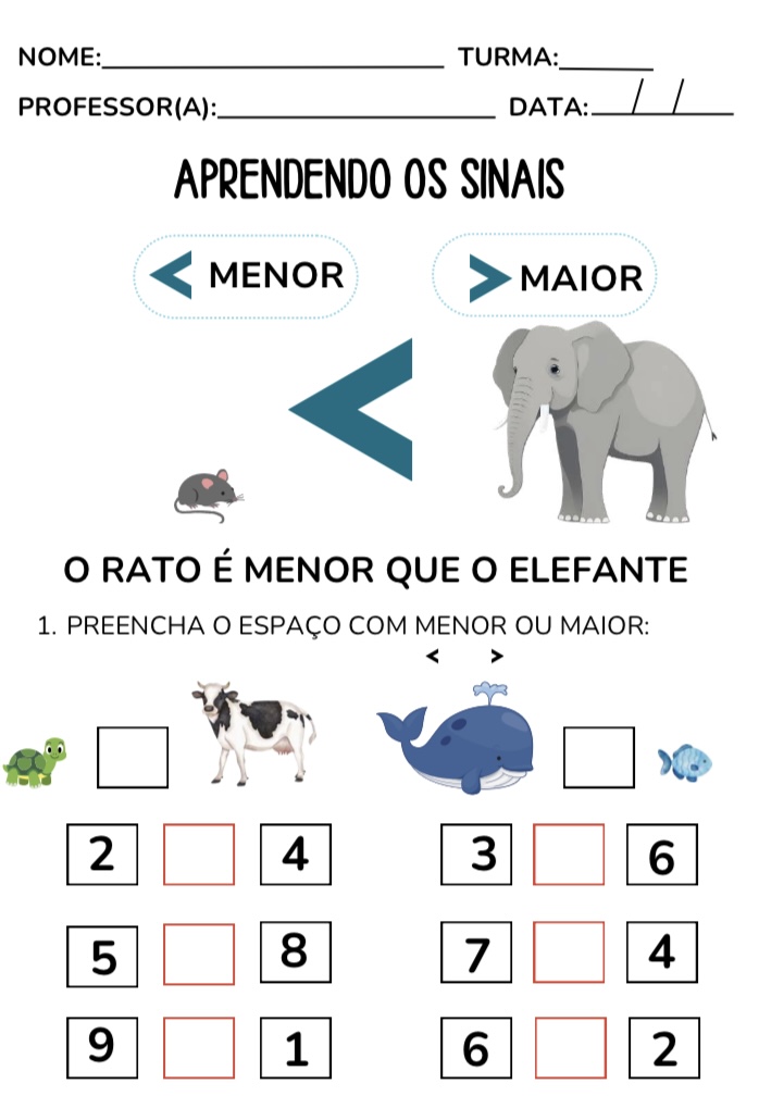 Atividade sobre os sinais menor e maior