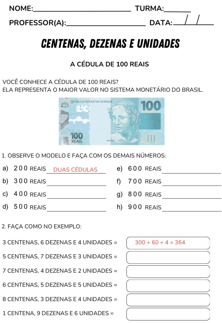 Atividade de centenas, dezenas e unidades