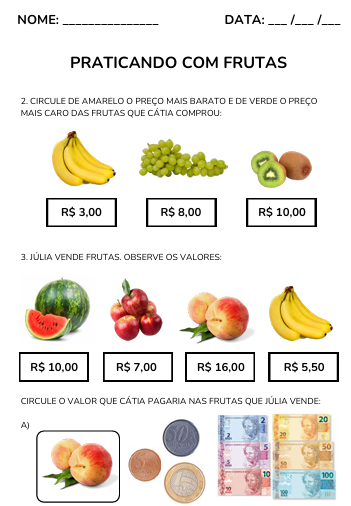 Atividade de sistema monetário com frutas